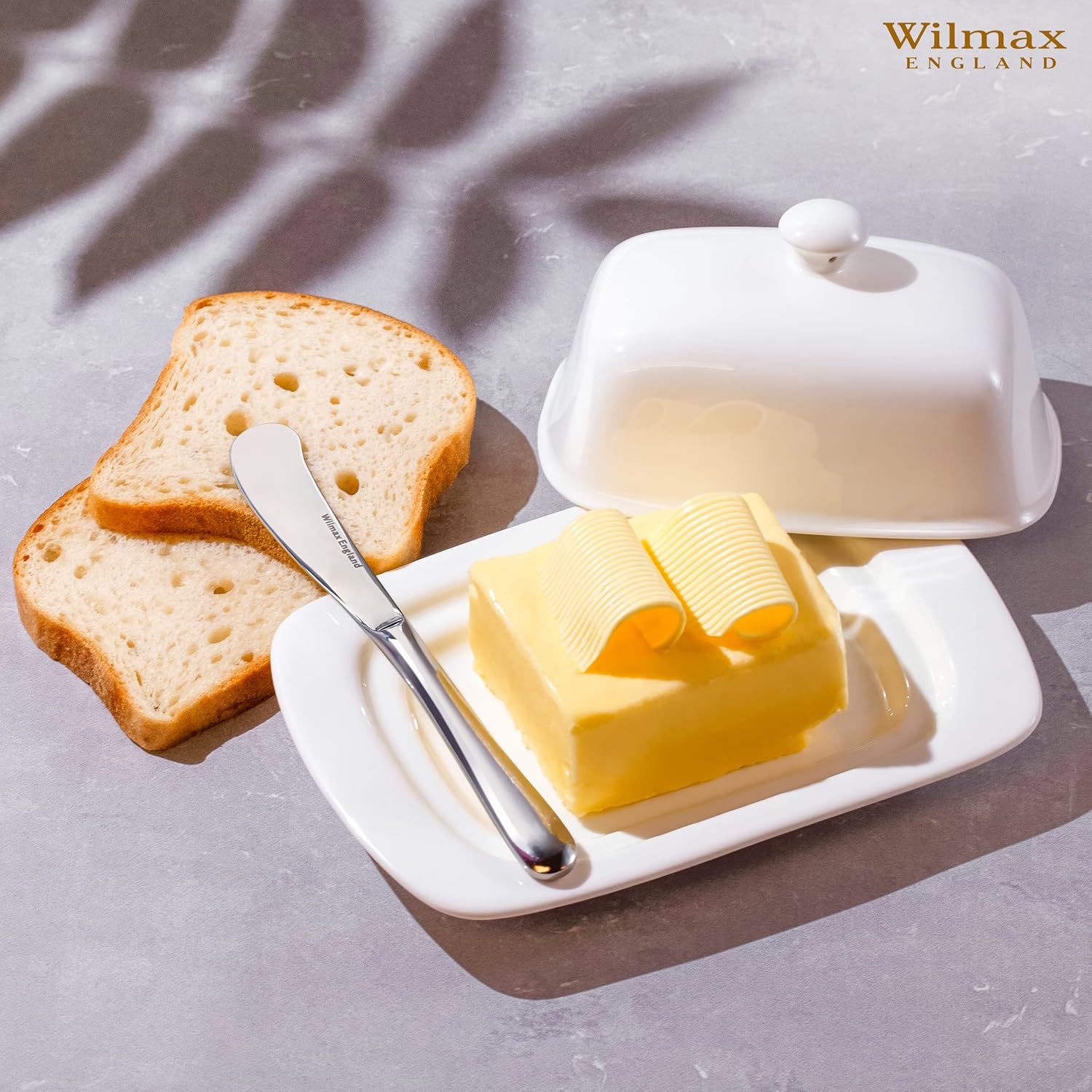Wilmax Butterdose 19 cm Porzellan Weiß mit Goldmesser Set WL-996109/A-999247/1B