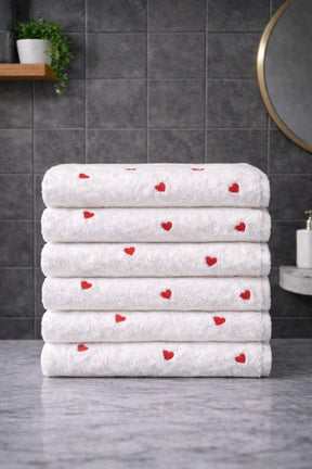 Hochwertiges Hand- und Gesichtshandtuch-Set aus 80 % Baumwolle mit Herzstickerei - 6er-Pack (50x90 cm)