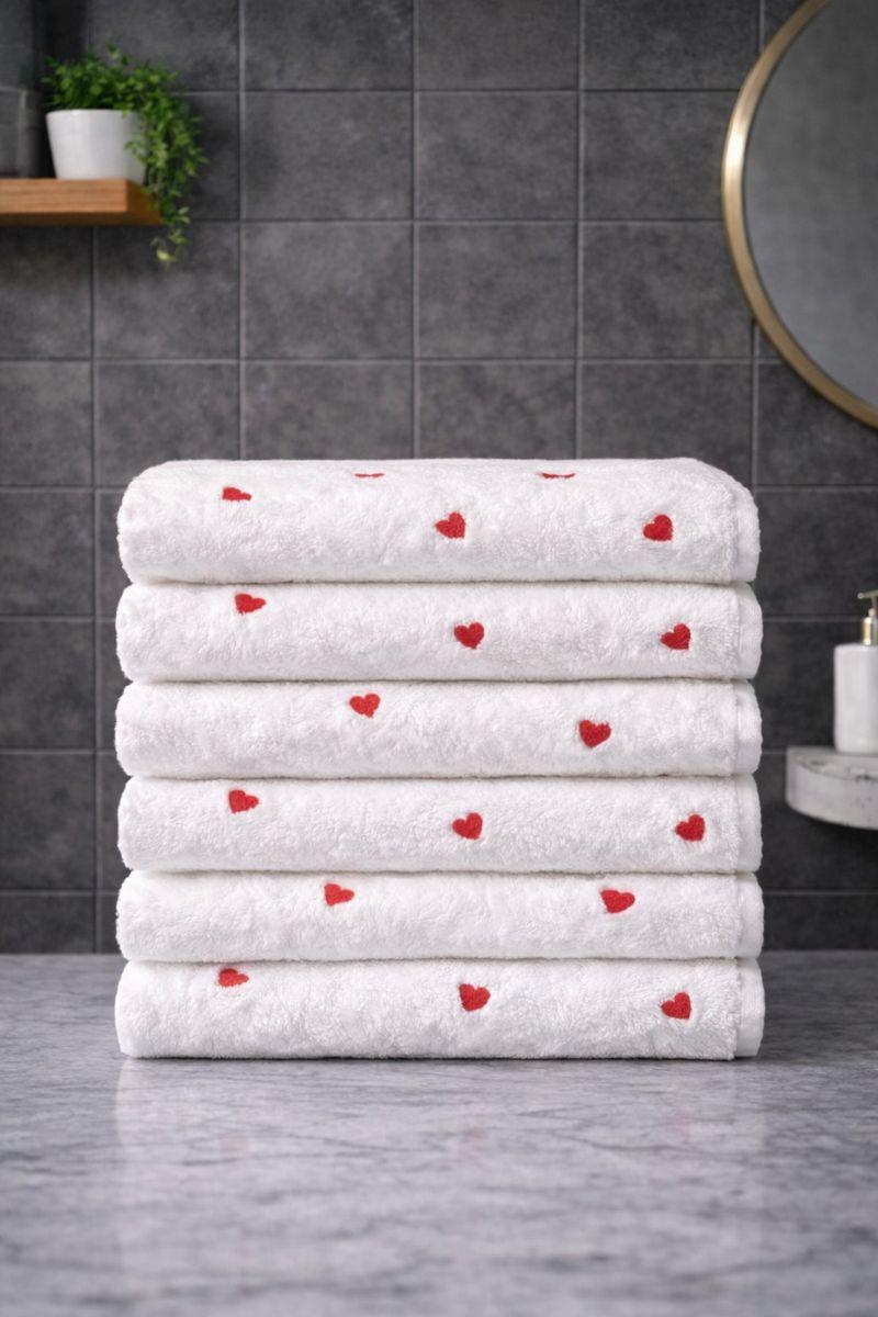 Hochwertiges Hand- und Gesichtshandtuch-Set aus 80 % Baumwolle mit Herzstickerei - 6er-Pack (50x90 cm)