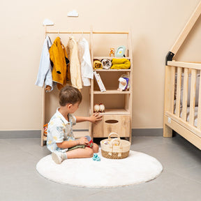 Cozy Collections Montessori-Kleiderschrank aus Naturholz – 4-in-1 mit 3 Schubladen, Kleiderstange & Regalböden, 78 × 106 × 31,5 cm