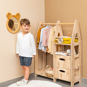 Cozy Collections Montessori-Kleiderschrank aus Naturholz – 4-in-1 mit 3 Schubladen, Kleiderstange & Regalböden, 78 × 106 × 31,5 cm