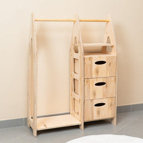 Cozy Collections Montessori-Kleiderschrank aus Naturholz – 4-in-1 mit 3 Schubladen, Kleiderstange & Regalböden, 78 × 106 × 31,5 cm