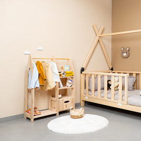 Cozy Collections Montessori-Kleiderschrank aus Naturholz – 4-in-1 mit 3 Schubladen, Kleiderstange & Regalböden, 78 × 106 × 31,5 cm