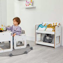 Cozy Collections Dove 2-stöckiges Bücherregal – Natur- und Weißholz mit Montessori-Tragegriffen, H55 × B56 × T34 cm