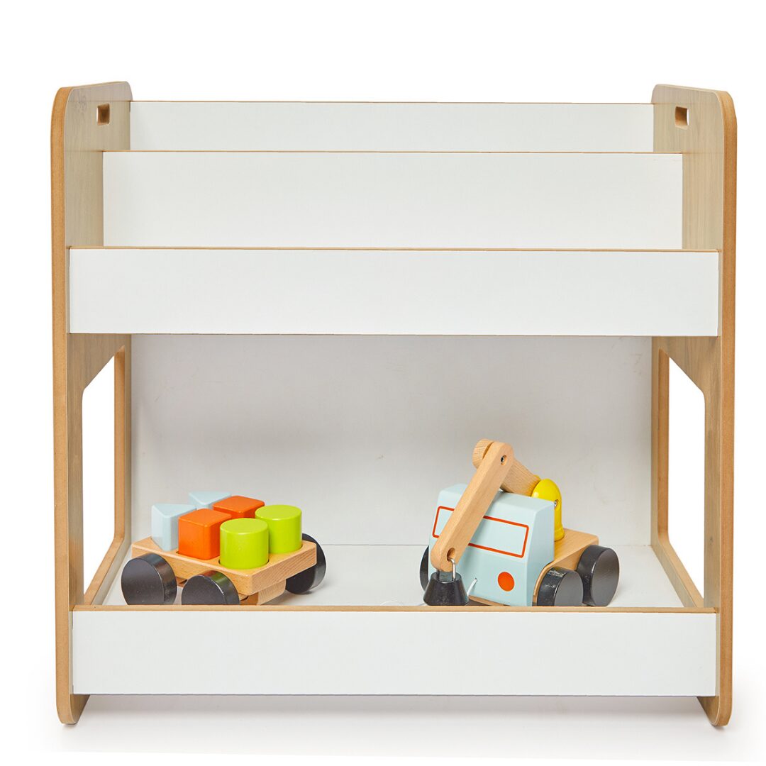 Cozy Collections Dove 2-stöckiges Bücherregal – Natur- und Weißholz mit Montessori-Tragegriffen, H55 × B56 × T34 cm