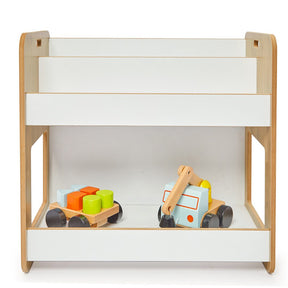 Cozy Collections Dove 2-stöckiges Bücherregal – Natur- und Weißholz mit Montessori-Tragegriffen, H55 × B56 × T34 cm