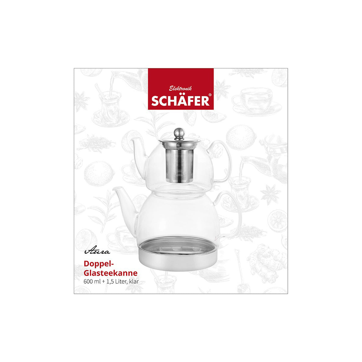 Schäfer Home Elegance Doppel-Glasthekessel Induktion 600ml - 1,5L Klar - Verpackung