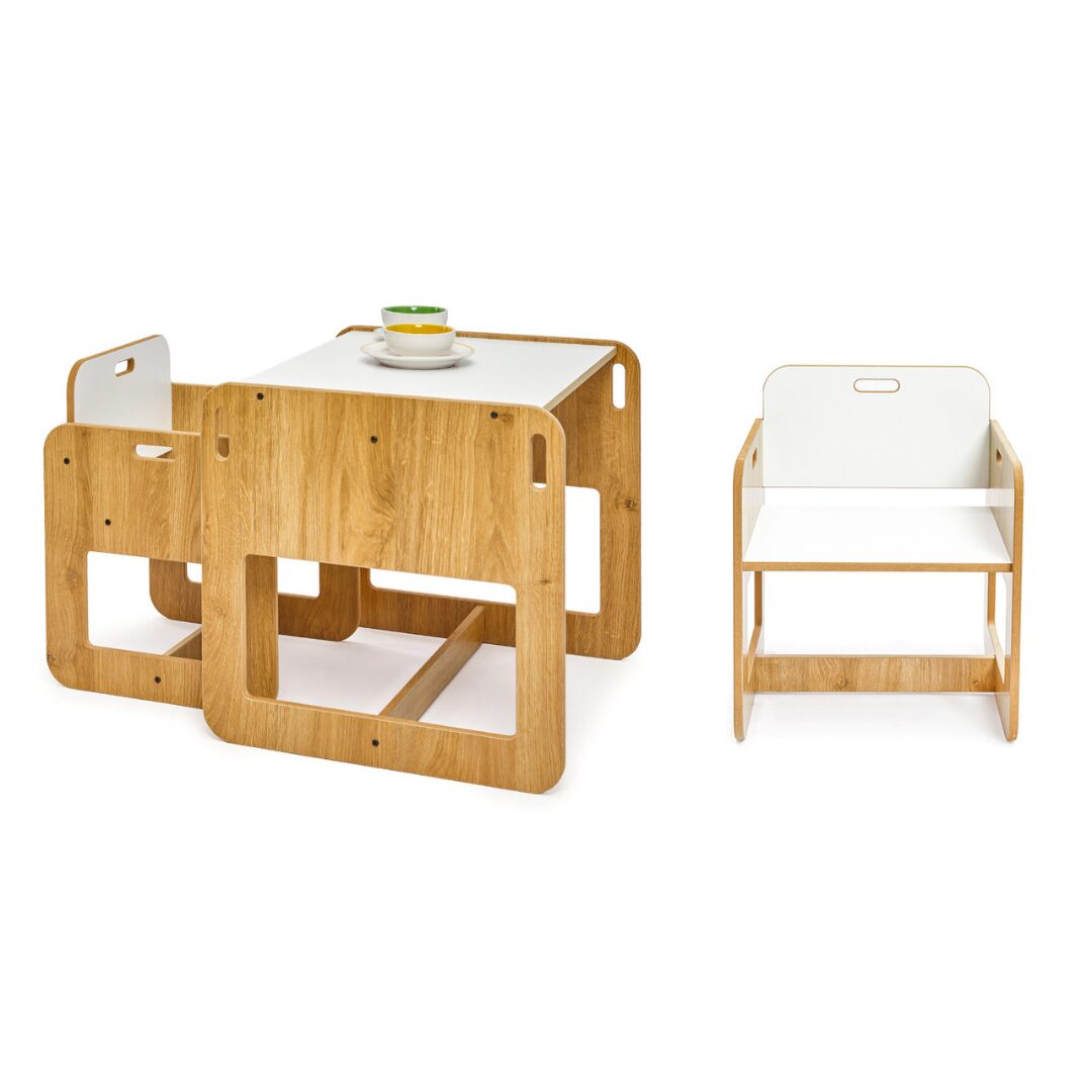 Cozy Collections Montessori-Set „Taube“ – Kindertisch + 2 Stühle aus Naturholz/Weiß, 2–4 Jahre, Sitzhöhe 25 cm