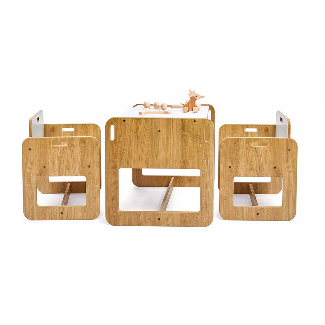 Cozy Collections Montessori-Set „Taube“ – Kindertisch + 2 Stühle aus Naturholz/Weiß, 2–4 Jahre, Sitzhöhe 25 cm