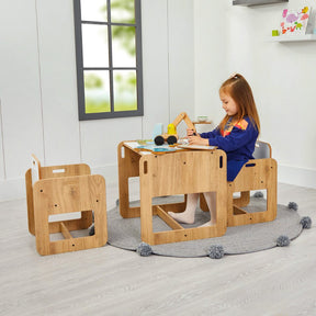 Cozy Collections Montessori-Set „Taube“ – Kindertisch + 2 Stühle aus Naturholz/Weiß, 2–4 Jahre, Sitzhöhe 25 cm