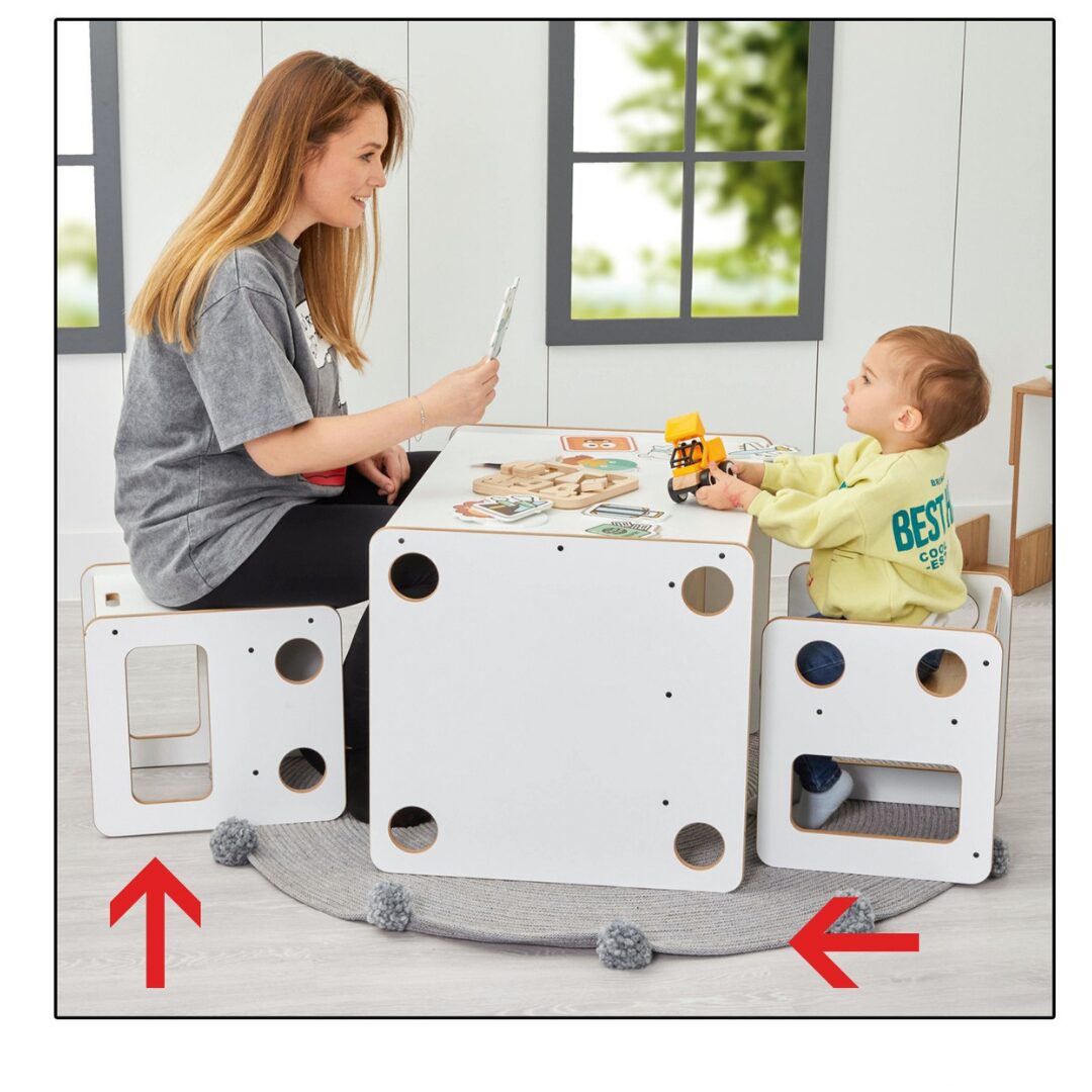 Cozy Collections Goldfinch Multifunktionstisch + 2 wandelbare Stühle – Weiß/Naturholz, 2-in-1, für Kinder 0–6 Jahre