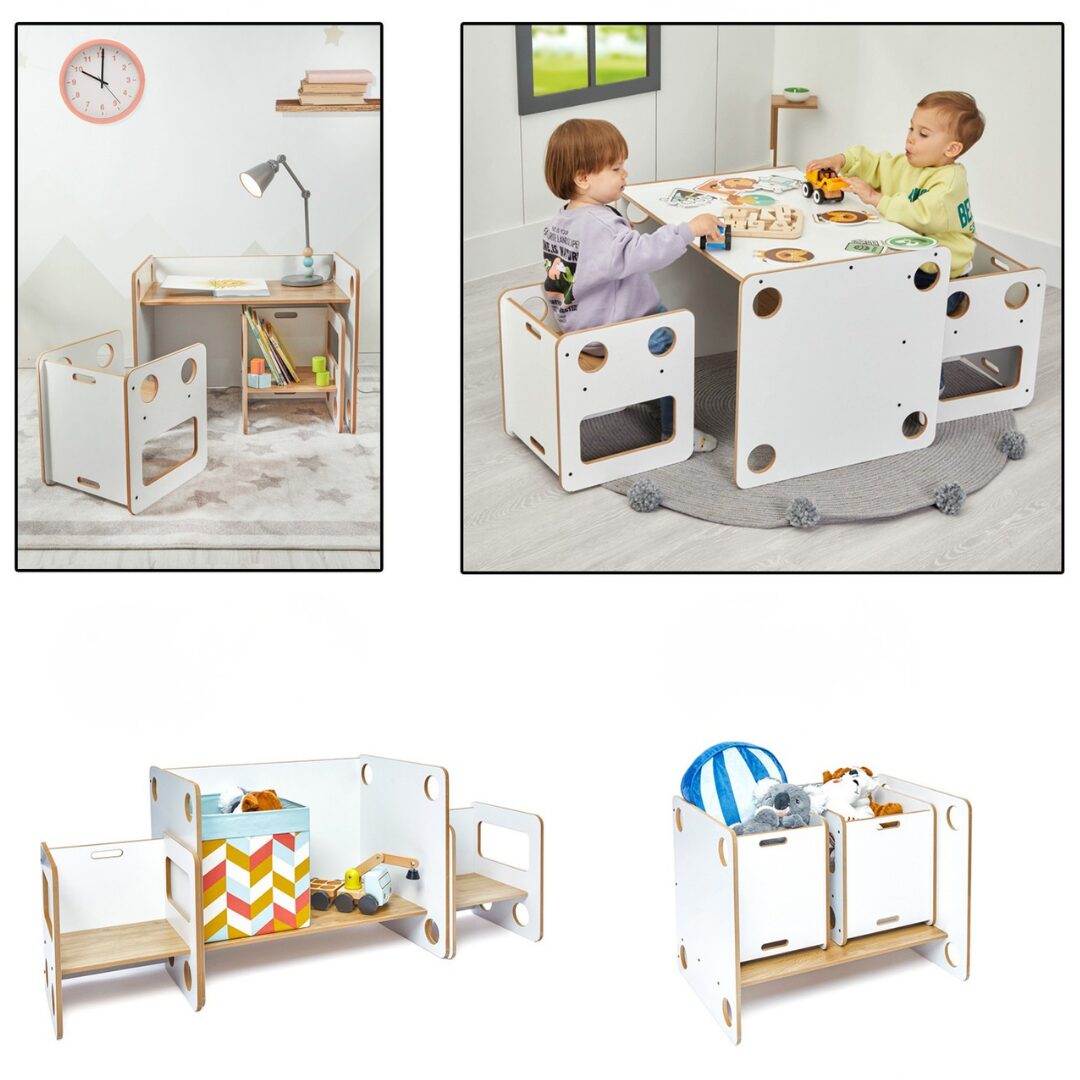 Cozy Collections Goldfinch Multifunktionstisch + 2 wandelbare Stühle – Weiß/Naturholz, 2-in-1, für Kinder 0–6 Jahre