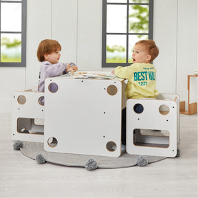 Cozy Collections Goldfinch Multifunktionstisch + 2 wandelbare Stühle – Weiß/Naturholz, 2-in-1, für Kinder 0–6 Jahre