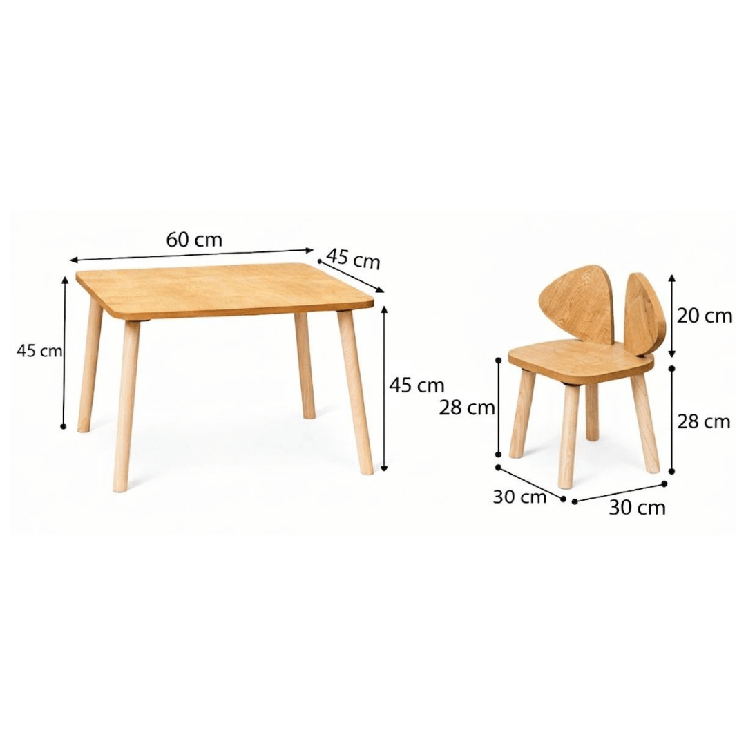 COZYCOLLECTIONS Kindertisch-Set mit Tiermotiv-Stühlen aus Naturholz