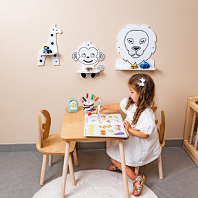 Cozy Collections Wandregal-Set für Kinder mit 3 Safaritieren aus Naturholz – Löwe, Affe & Giraffe, Schwarz-Weiß, 3er-Set