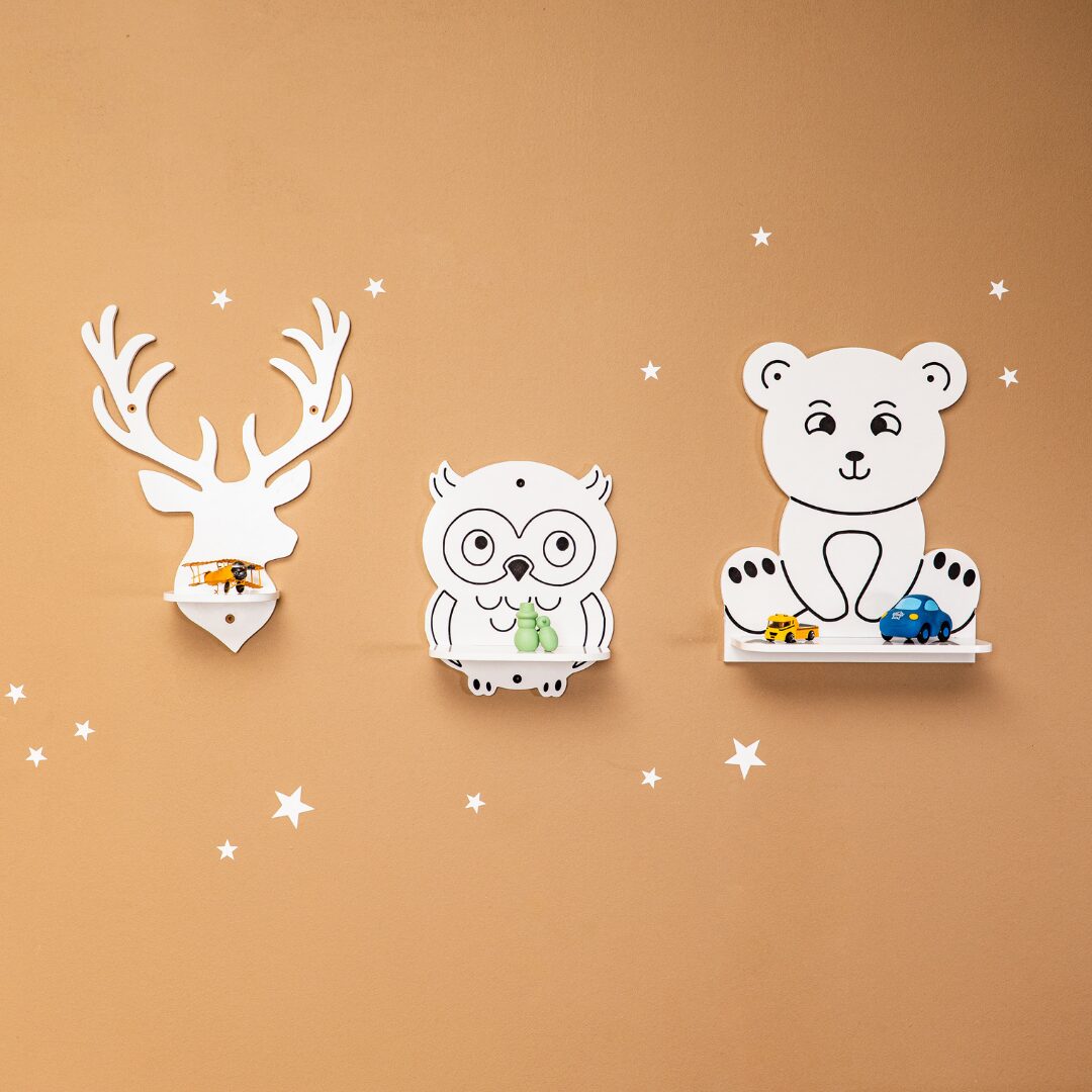 Cozy Collections Wandregal für Kinder mit 3 Waldtieren aus Naturholz – Bär, Eule & Reh, einzeln oder 3er-Set