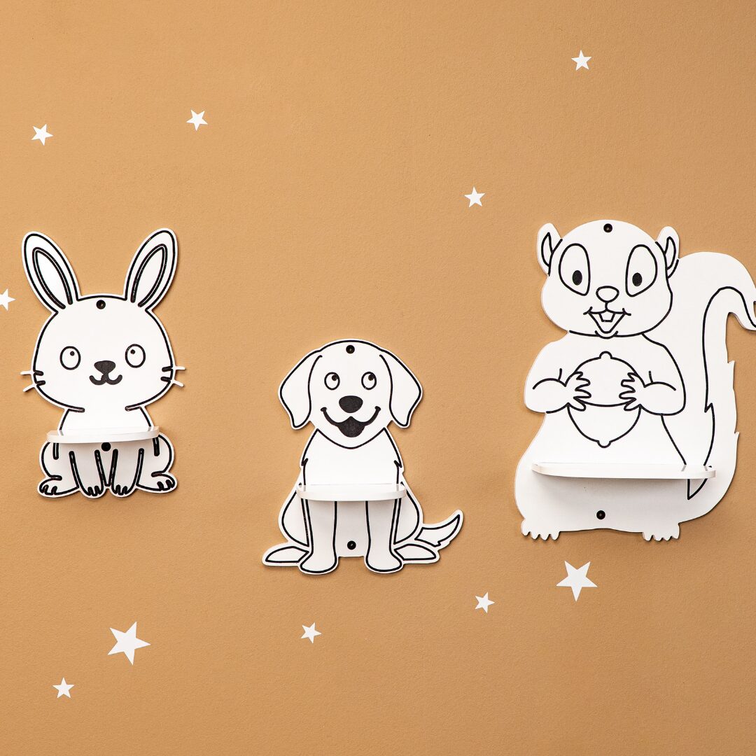 Cozy Collections Wandregal für Kinder mit 3 niedlichen Tieren aus Naturholz – Hase, Hund & Eichhörnchen, einzeln oder 3er-Set