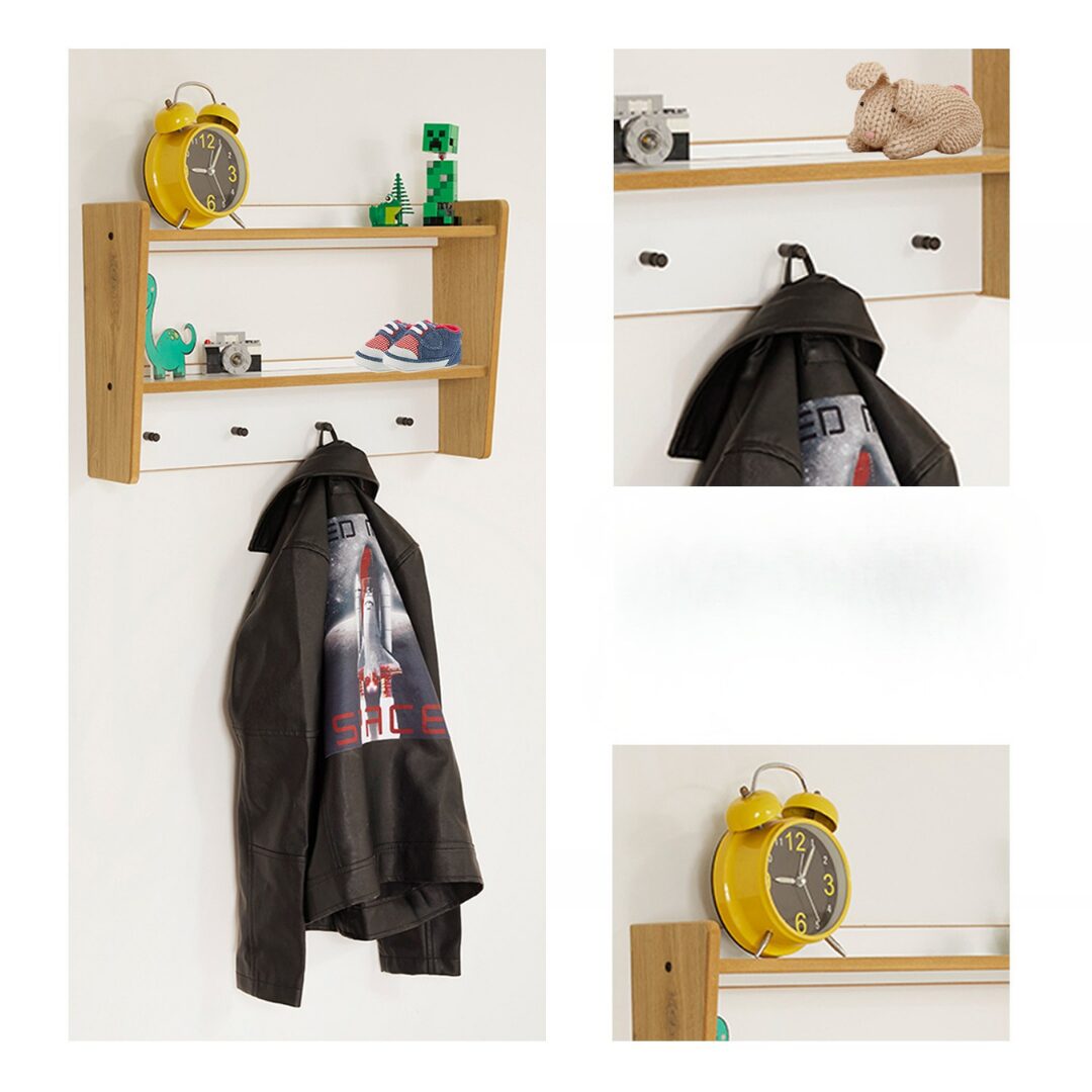 Cozy Collections Wandregal für Kinder mit Haken „Montessori-Kranich“ – Naturholz/Weiß, 2 Ablagen, 10 kg, H30 × B47 × T14 cm