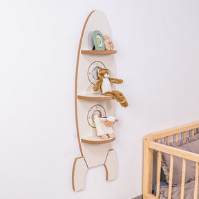 Cozy Collections Raketen-Wandregal in Weiß und Naturholz – 3 Ablagen, 110 × 38 × 4 cm, Weltraum-Design