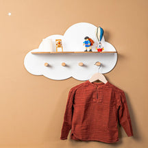 Cozy Collections Wolkenförmiges Wandregal mit 4 Holzhaken – 2-in-1 Aufbewahrung & Aufhängen, Weiß/Naturholz, 60 × 37 cm