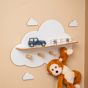 Cozy Collections Wolkenförmiges Wandregal mit 4 Holzhaken – 2-in-1 Aufbewahrung & Aufhängen, Weiß/Naturholz, 60 × 37 cm