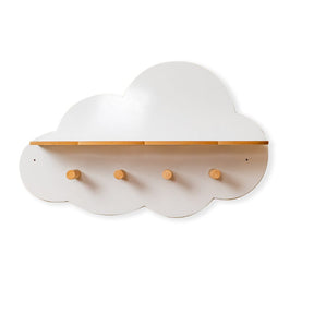 Cozy Collections Wolkenförmiges Wandregal mit 4 Holzhaken – 2-in-1 Aufbewahrung & Aufhängen, Weiß/Naturholz, 60 × 37 cm