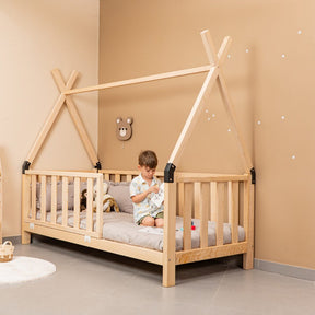 Cozy Collections Montessori-Tipi-Bett aus Naturholz mit Gittern – 90 × 200 cm, 3-seitige Sicherheitsbarrieren, niedrige Montessori-Höhe