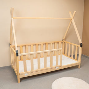 Cozy Collections Montessori-Tipi-Bett aus Naturholz mit Gittern – 90 × 200 cm, 3-seitige Sicherheitsbarrieren, niedrige Montessori-Höhe