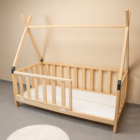 Cozy Collections Montessori-Tipi-Bett aus Naturholz mit Gittern – 90 × 200 cm, 3-seitige Sicherheitsbarrieren, niedrige Montessori-Höhe