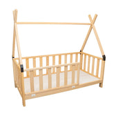 Cozy Collections Montessori-Tipi-Bett aus Naturholz mit Gittern – 90 × 200 cm, 3-seitige Sicherheitsbarrieren, niedrige Montessori-Höhe
