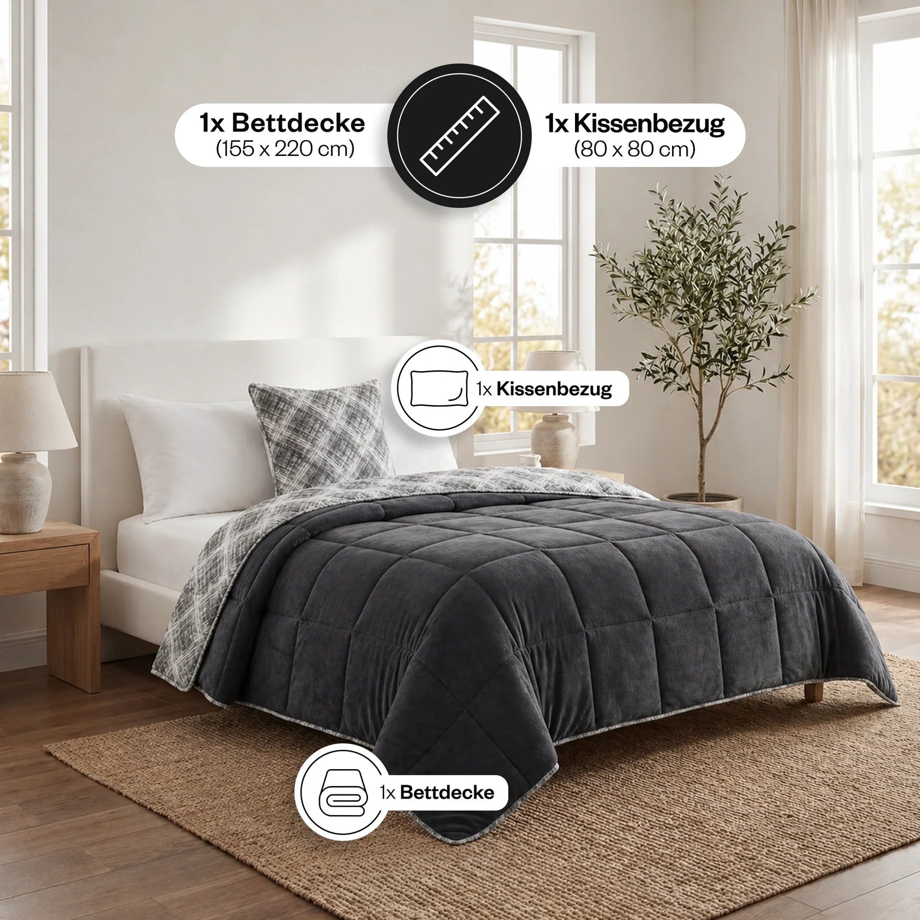 Luxus-Wellsoft-Steppdecke Schwarz Nähte und Verarbeitung Detailansicht