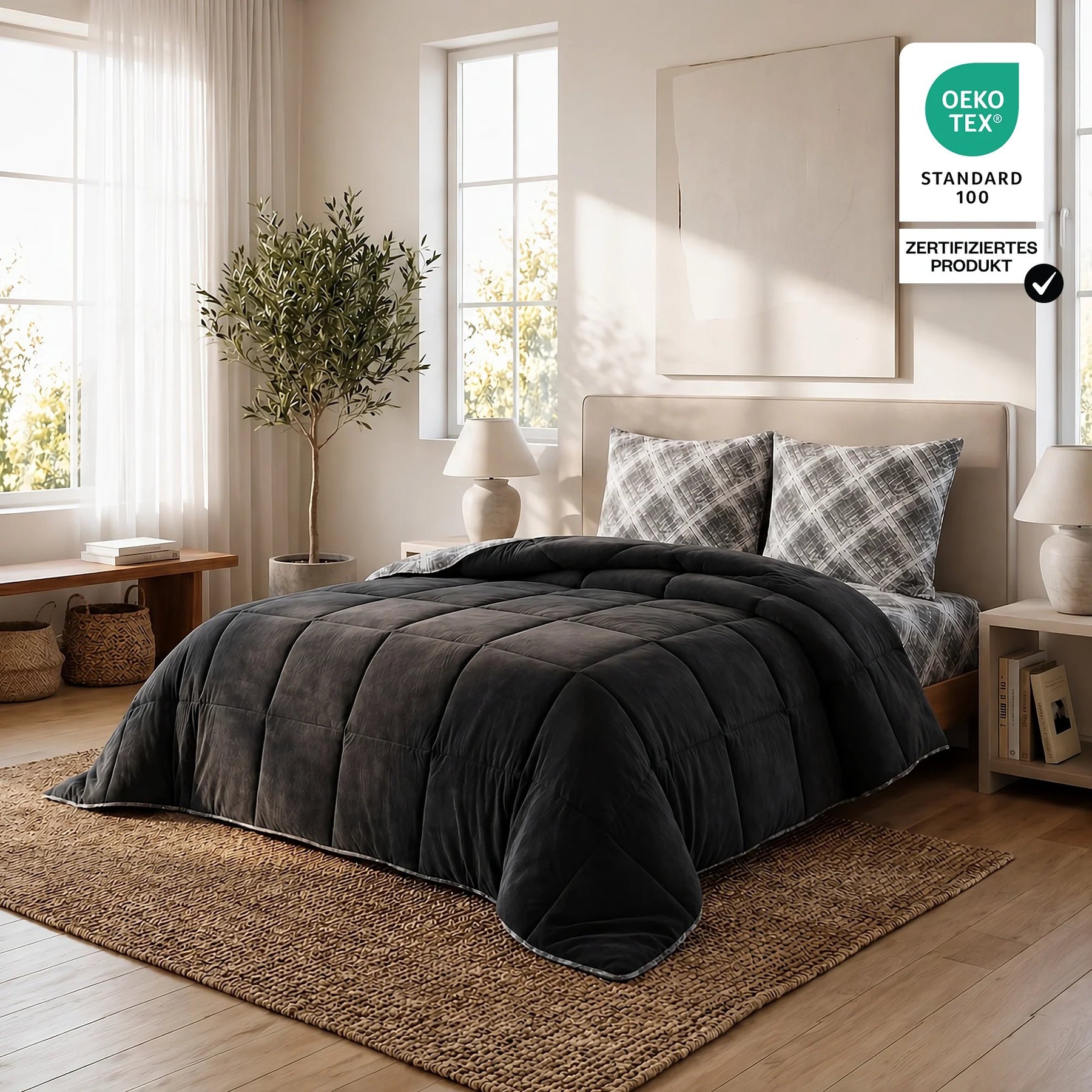Formeya Luxus-Wellsoft-Steppdecken-Set Schwarz mit Kissenbezug doppelseitig