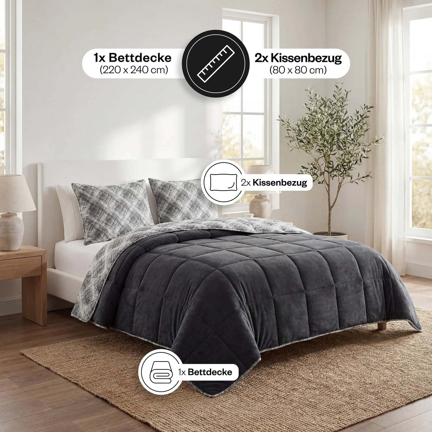 Formeya Luxus-Steppdecken-Set Schwarz mit Kissenbezug Schlafkomfort