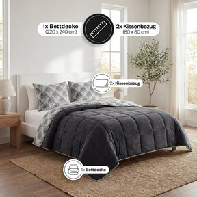 Formeya Luxus-Steppdecken-Set Schwarz mit Kissenbezug Schlafkomfort