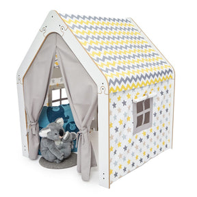 Cozy Collections Weißes Kinderspielhaus aus Holz mit Stoffzelt – Gelb/Grau, Montessori-Spielhaus, 114 × 95 × 90 cm, 3–6 Jahre