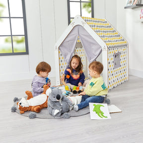 Cozy Collections Weißes Kinderspielhaus aus Holz mit Stoffzelt – Gelb/Grau, Montessori-Spielhaus, 114 × 95 × 90 cm, 3–6 Jahre