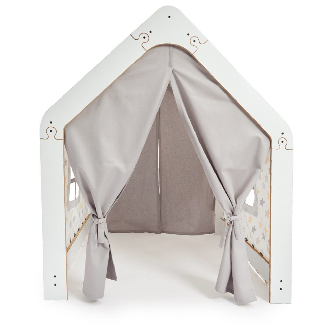 Cozy Collections Weißes Kinderspielhaus aus Holz mit Stoffzelt – Gelb/Grau, Montessori-Spielhaus, 114 × 95 × 90 cm, 3–6 Jahre
