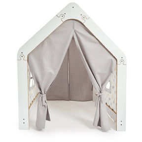Cozy Collections Weißes Kinderspielhaus aus Holz mit Stoffzelt – Gelb/Grau, Montessori-Spielhaus, 114 × 95 × 90 cm, 3–6 Jahre