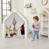 Cozy Collections Weißes Kinderspielhaus aus Holz mit Stoffzelt – Gelb/Grau, Montessori-Spielhaus, 114 × 95 × 90 cm, 3–6 Jahre