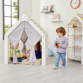 Cozy Collections Weißes Kinderspielhaus aus Holz mit Stoffzelt – Gelb/Grau, Montessori-Spielhaus, 114 × 95 × 90 cm, 3–6 Jahre