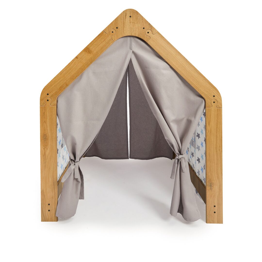 Cozy Collections Spielhaus aus Naturholz für Kinder mit Stoffzelt – Montessori-Stern-Spielhaus, 114 × 95 × 90 cm, 3–6 Jahre