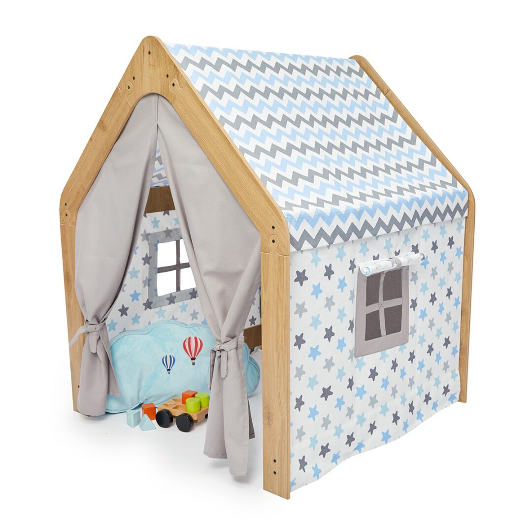 Cozy Collections Spielhaus aus Naturholz für Kinder mit Stoffzelt – Montessori-Stern-Spielhaus, 114 × 95 × 90 cm, 3–6 Jahre