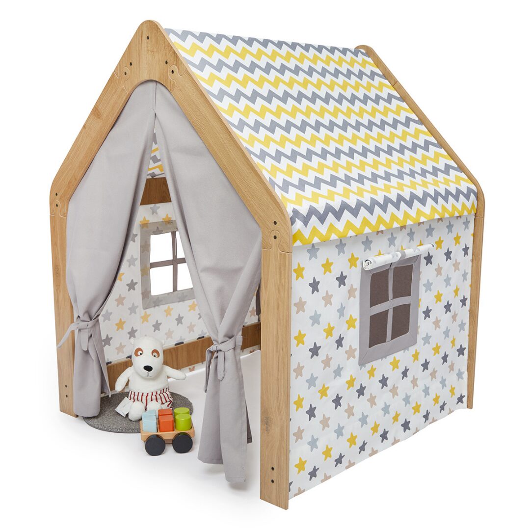Cozy Collections Spielhaus aus Naturholz für Kinder mit Stoffzelt – Montessori-Stern-Spielhaus, 114 × 95 × 90 cm, 3–6 Jahre