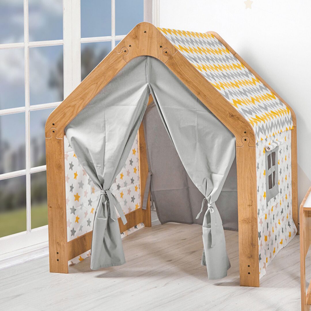Cozy Collections Spielhaus aus Naturholz für Kinder mit Stoffzelt – Montessori-Stern-Spielhaus, 114 × 95 × 90 cm, 3–6 Jahre