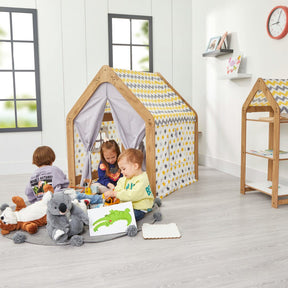 Cozy Collections Spielhaus aus Naturholz für Kinder mit Stoffzelt – Montessori-Stern-Spielhaus, 114 × 95 × 90 cm, 3–6 Jahre