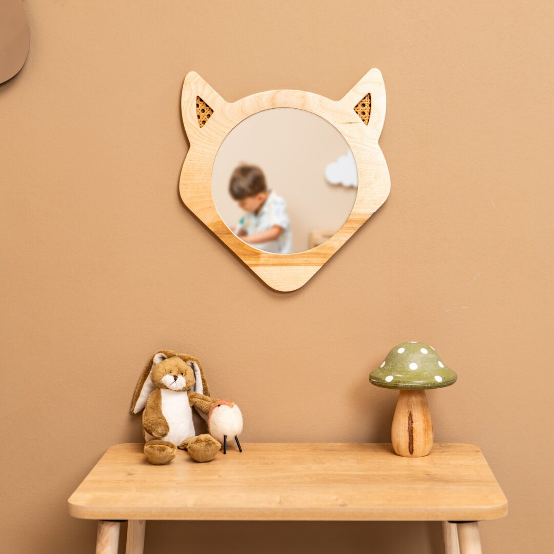 Cozy Collections Dekorativer Fuchs-Spiegel aus Naturholz mit Rattan-Verzierungen – Ø 30 cm, 16 mm, Glasspiegel