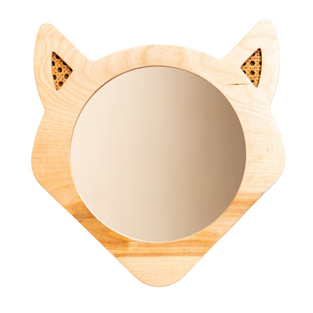 Cozy Collections Dekorativer Fuchs-Spiegel aus Naturholz mit Rattan-Verzierungen – Ø 30 cm, 16 mm, Glasspiegel
