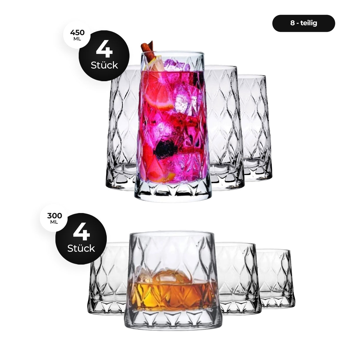 Pasabahce Leafy Gläser Set - 4 Longdrinkgläser + 4 Whiskyglas - Alle Teile