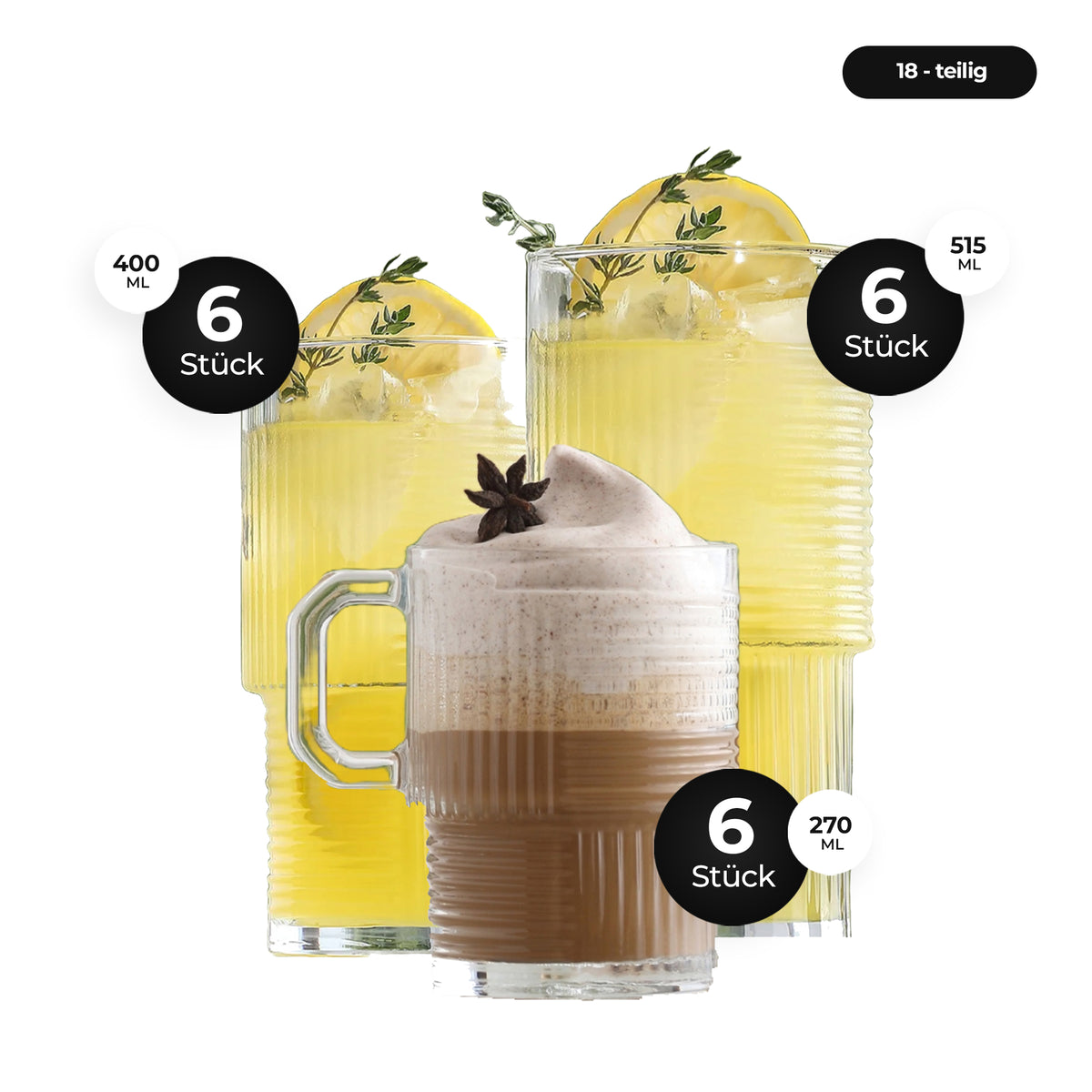 LAV Helen Gläser Set - Longdrink & Teegläser, 18-teilig (270ml, 400ml, 515ml) - Moment der Nutzung - dreiteiliges Set 
