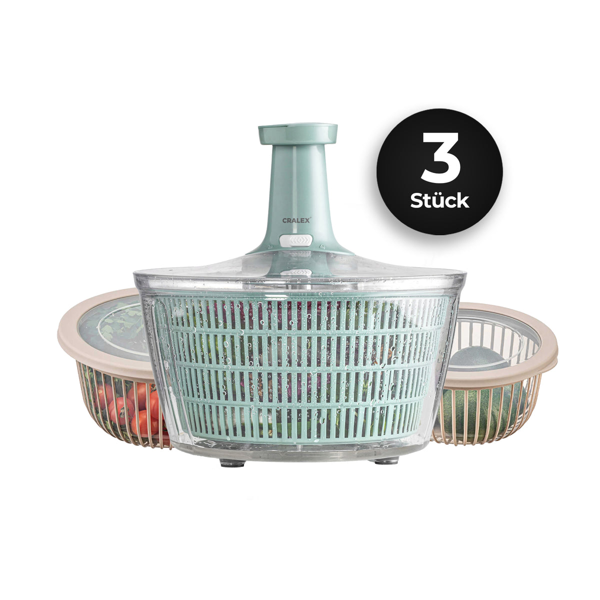 CRALEX Küchenhelfer Set  Salatschleuder & Schalen mit Deckel (5L + 2L & 3L)